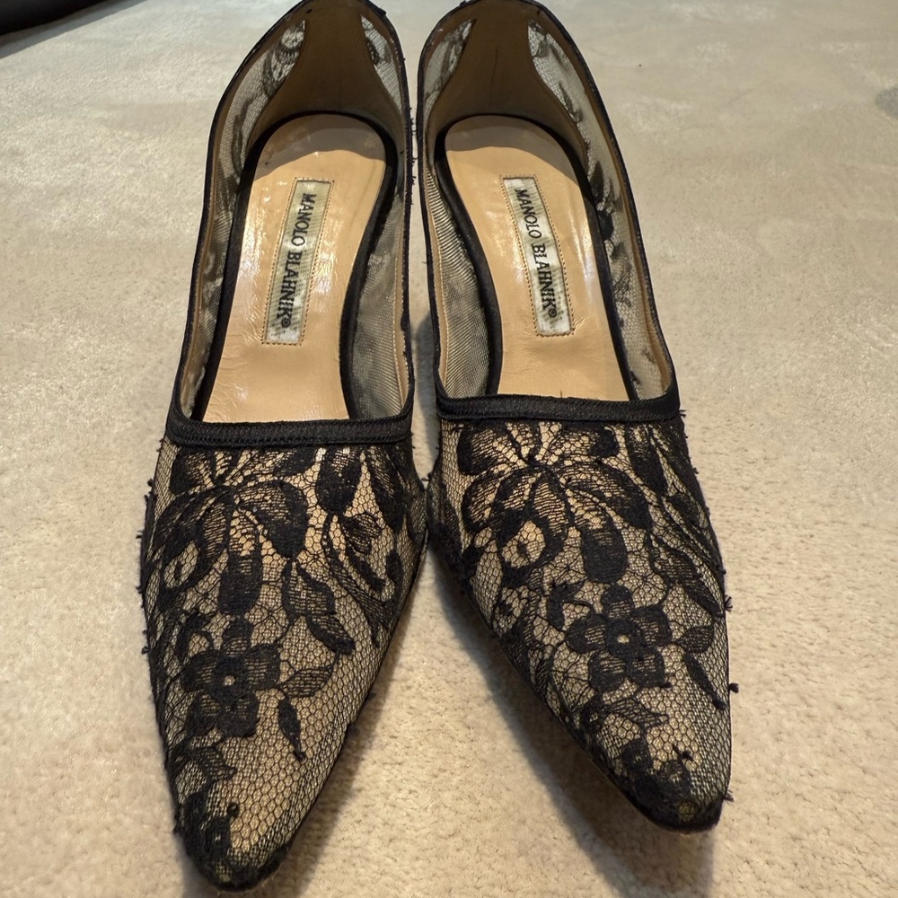 Manolo Blahnik Black Heels with Elegant Lace Design